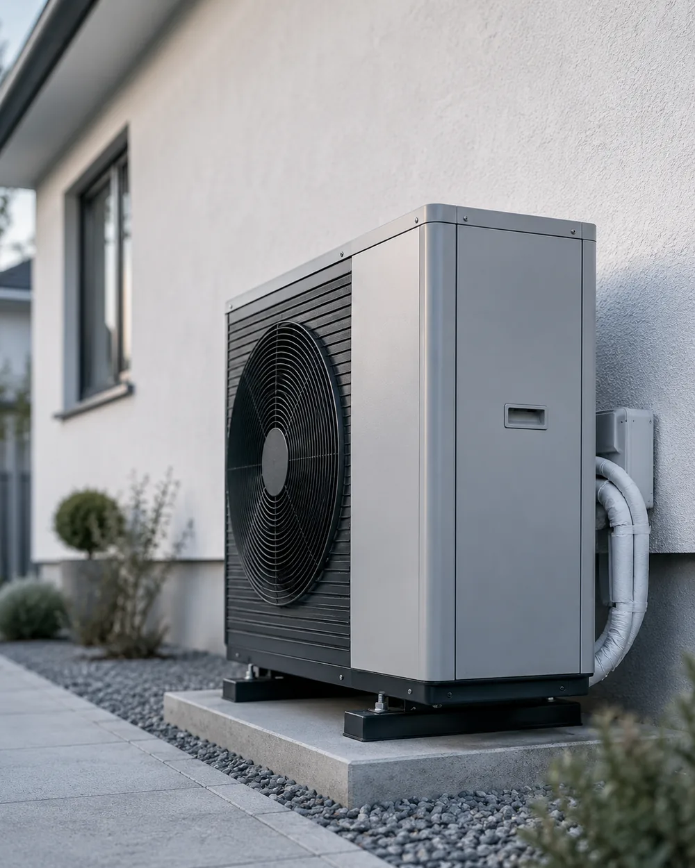 Unidad exterior de un sistema de aerotermia instalada en una vivienda
