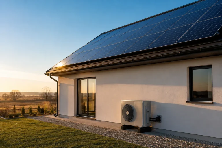 Placas solares en la cubierta de una vivienda junto a la unidad exterior de aerotermia