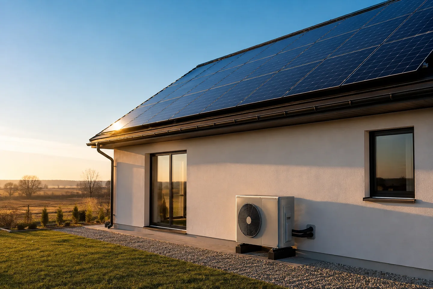 Placas solares en la cubierta de una vivienda junto a la unidad exterior de aerotermia