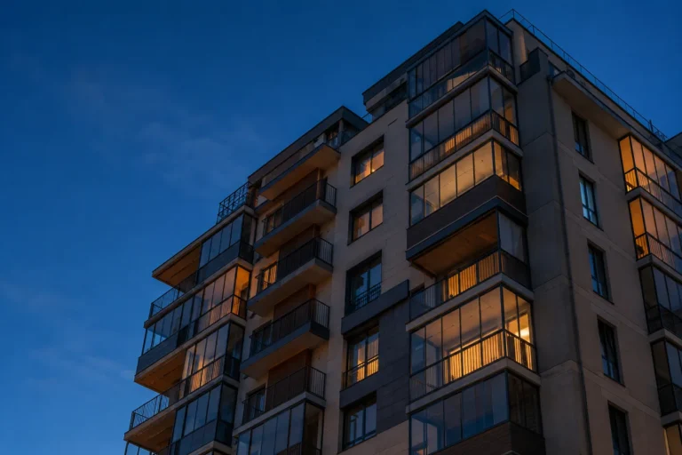 Fachada de un edificio de viviendas con balcones y galerías