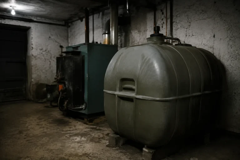 Depósito y caldera de gasóleo en un cuarto de calderas antiguo