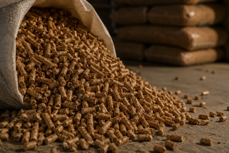 Pellets de madera desbordando de un saco abierto en un trastero