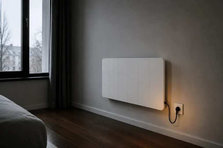 Radiador eléctrico de pared conectado a un enchufe en una habitación
