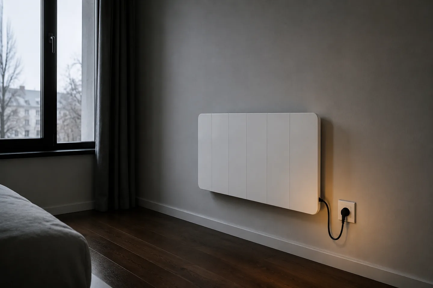 Radiador eléctrico de pared conectado a un enchufe en una habitación