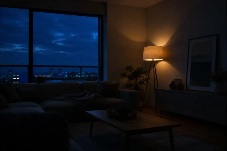 Salón en penumbra nocturna iluminado solo por una lámpara de pie