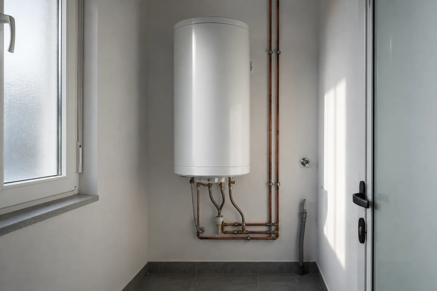 Termo de agua caliente con sus conexiones de cobre en un cuarto de instalaciones