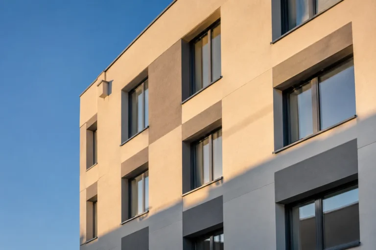 Fachada de un edificio de viviendas con aislamiento térmico y ventanas nuevas