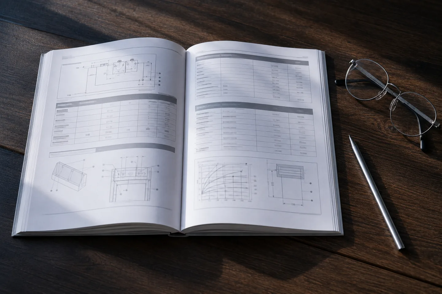 Manual técnico abierto sobre una mesa junto a unas gafas de lectura