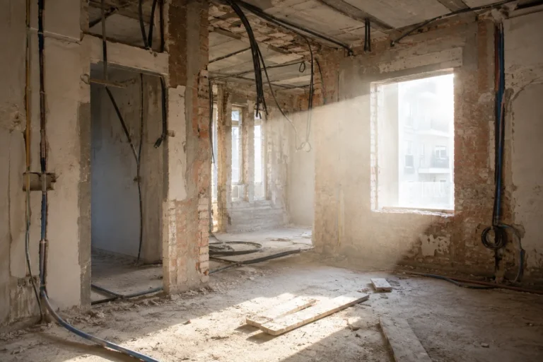 Interior de una vivienda en reforma integral con las instalaciones a la vista