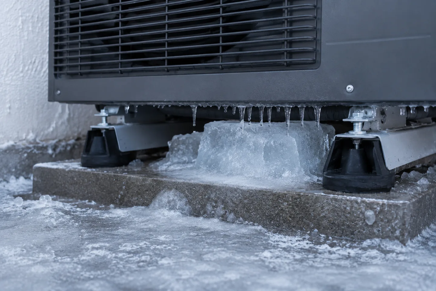 Bloque de hielo formado bajo la base de una unidad exterior de aerotermia