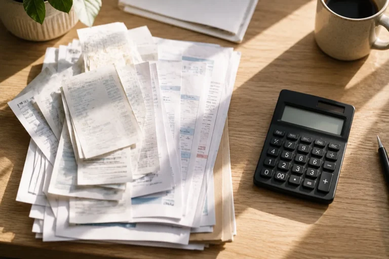 Calculadora de escritorio junto a un montón de facturas sobre una mesa