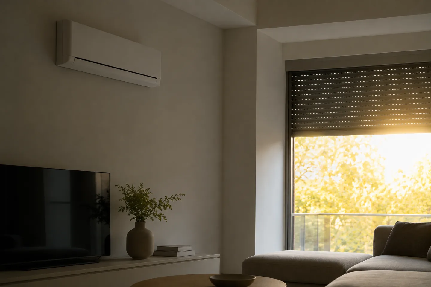 Fancoil de pared en un salón fresco con la luz del verano entrando por la ventana