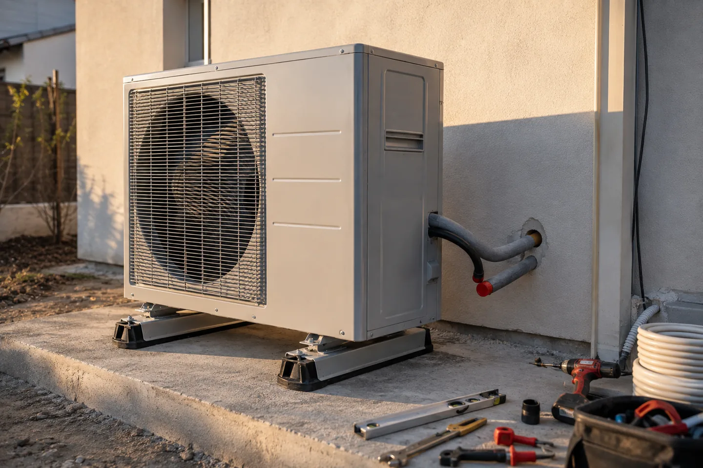 Unidad exterior de bomba de calor a medio instalar sobre sus soportes