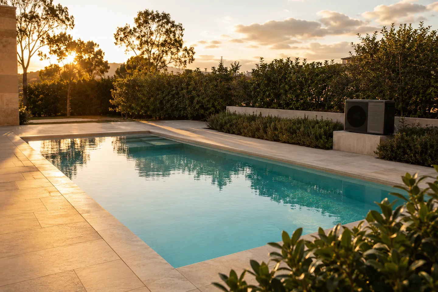 Piscina residencial al atardecer con una bomba de calor instalada a un lado