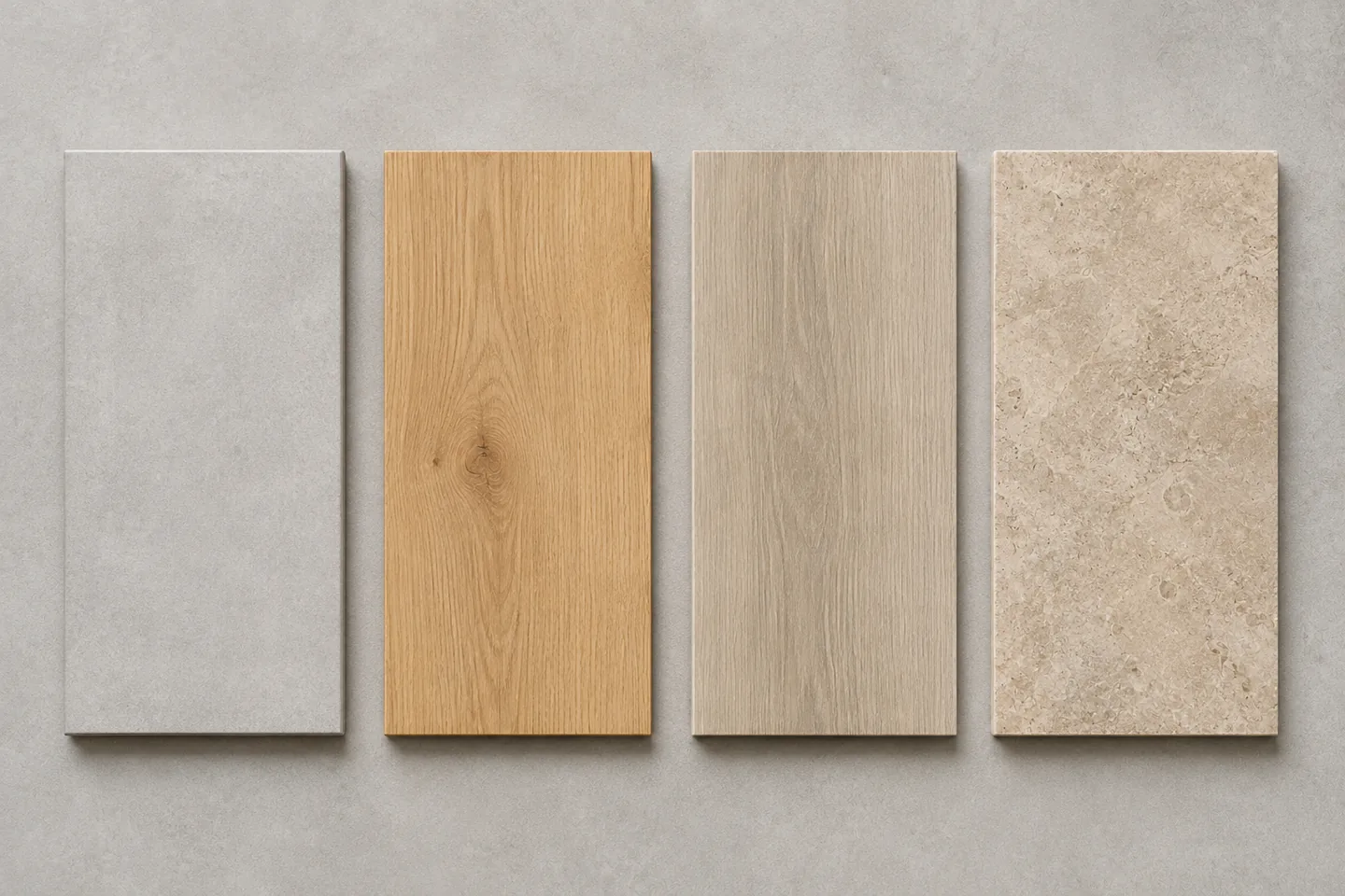 Cuatro muestras de pavimento alineadas: gres, madera, vinílico y piedra