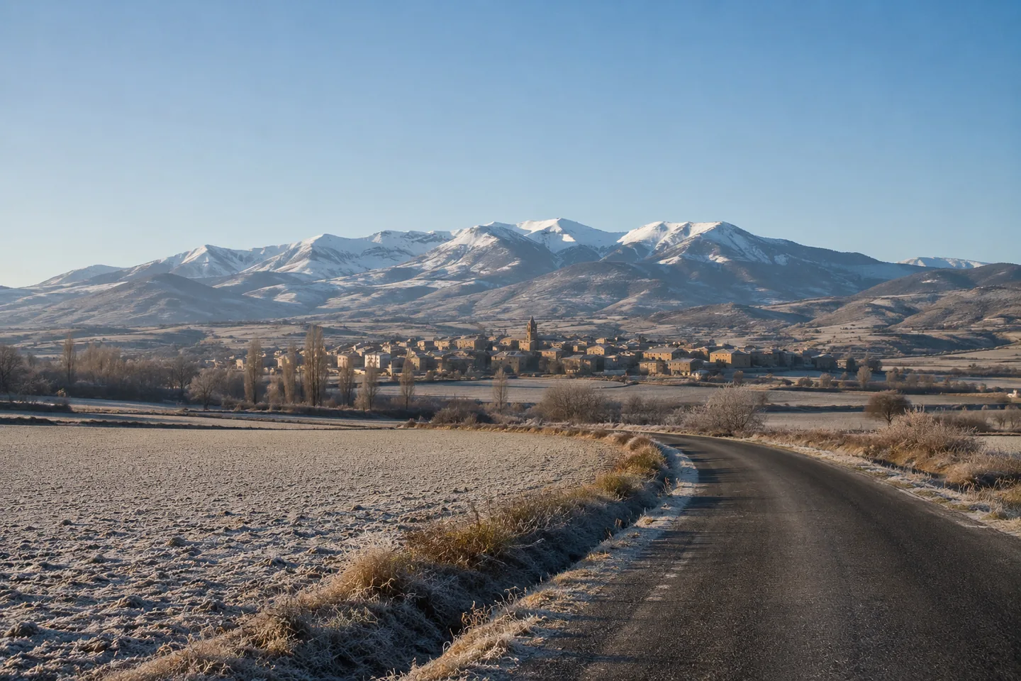 Paisaje de interior peninsular en invierno con un pueblo al fondo