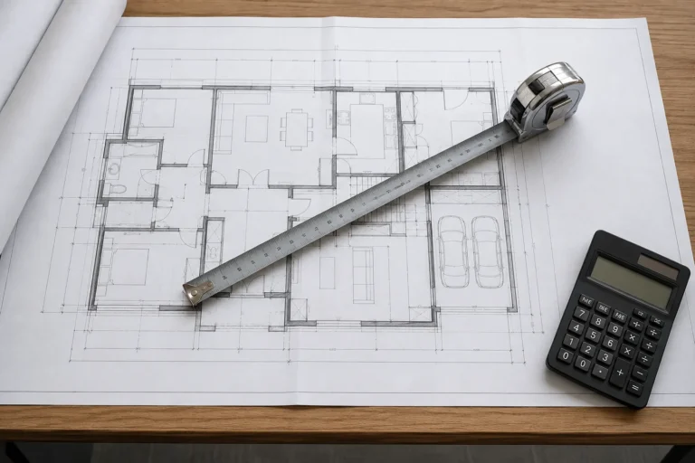 Plano de planta de una vivienda con una cinta métrica y una calculadora