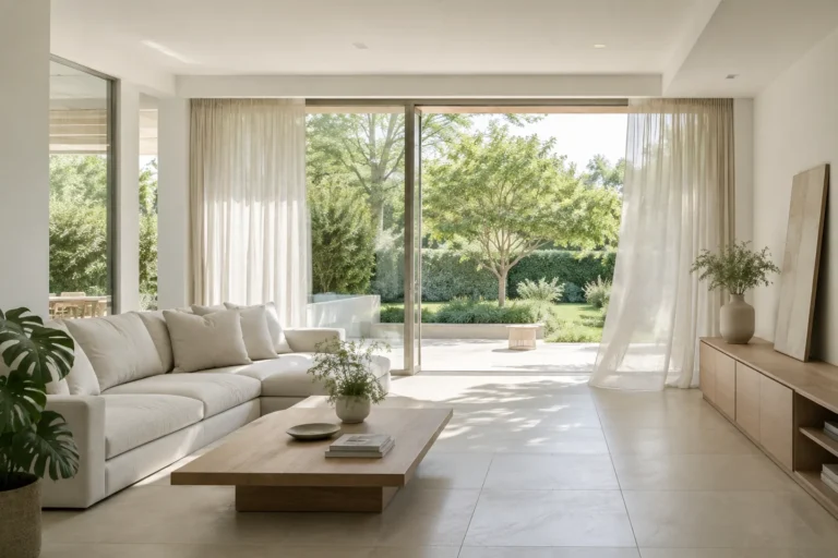 Salón luminoso con suelo continuo de gres claro y cristalera abierta al jardín