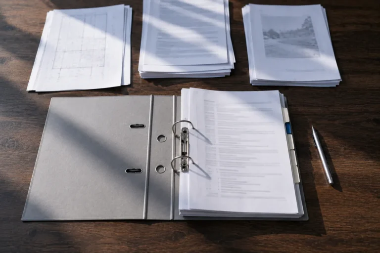 Expediente con documentos ordenados sobre una mesa de trabajo