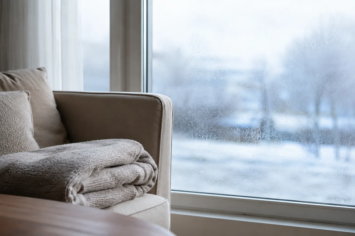 Ventana con vaho en un día de invierno vista desde una estancia cálida
