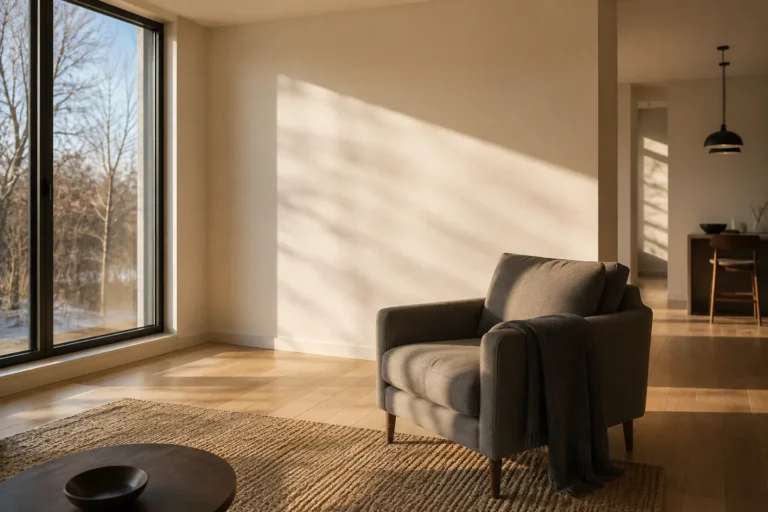 Salón con suelo de madera y paredes despejadas, sin radiadores a la vista